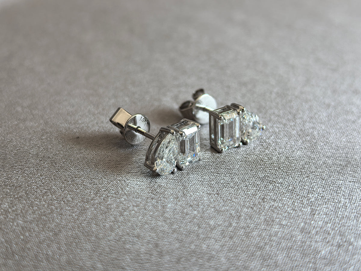 Juno Diamond E-035 | Emerald-Cut and Pear-Cut Two-Stone Lab-Grown Diamond White Gold Earrings