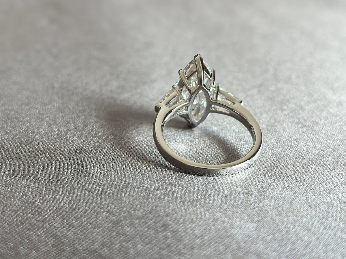 Juno Diamond MA-056 | 2 Carat Marquise-Cut Lab-Grown Diamond Three-Stone Ring With Tapered Step-Cut Side Stones