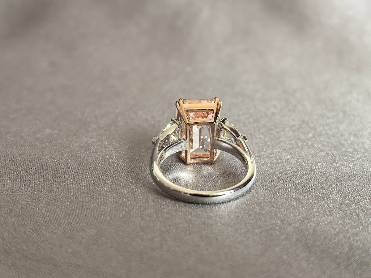 Juno Diamond EM-014 | Pink-Orange Emerald-Cut Lab-Grown Diamond Three-Stone Ring With Trillion Side Diamonds