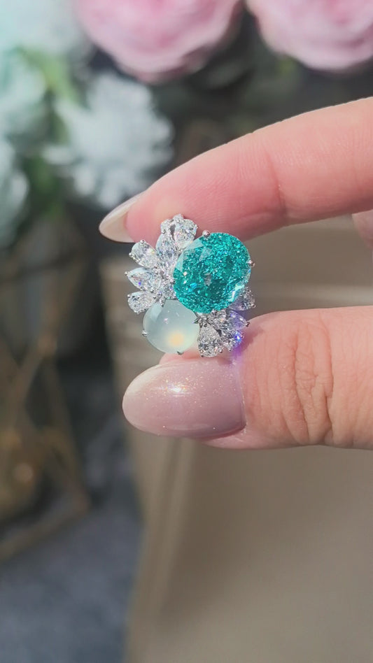 10.1ct 8.2g Oval Paraiba & Jadeite Floral Ring | Pear Diamond Accents | 14K White Gold