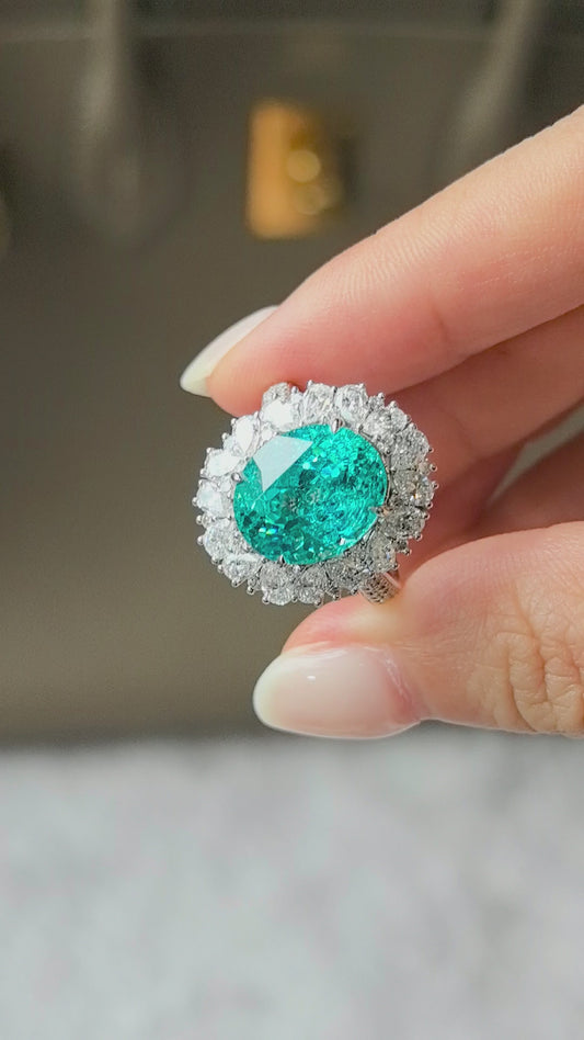 9.3ct  8g Oval Paraiba Tourmaline Ring | 3D Double Halo Lab Grown Diamonds