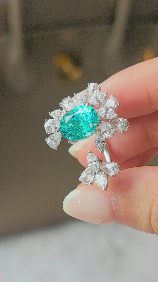 5ct 6.6g Oval Paraiba Tourmaline Ring | Open Band with Pear & Marquise Diamonds