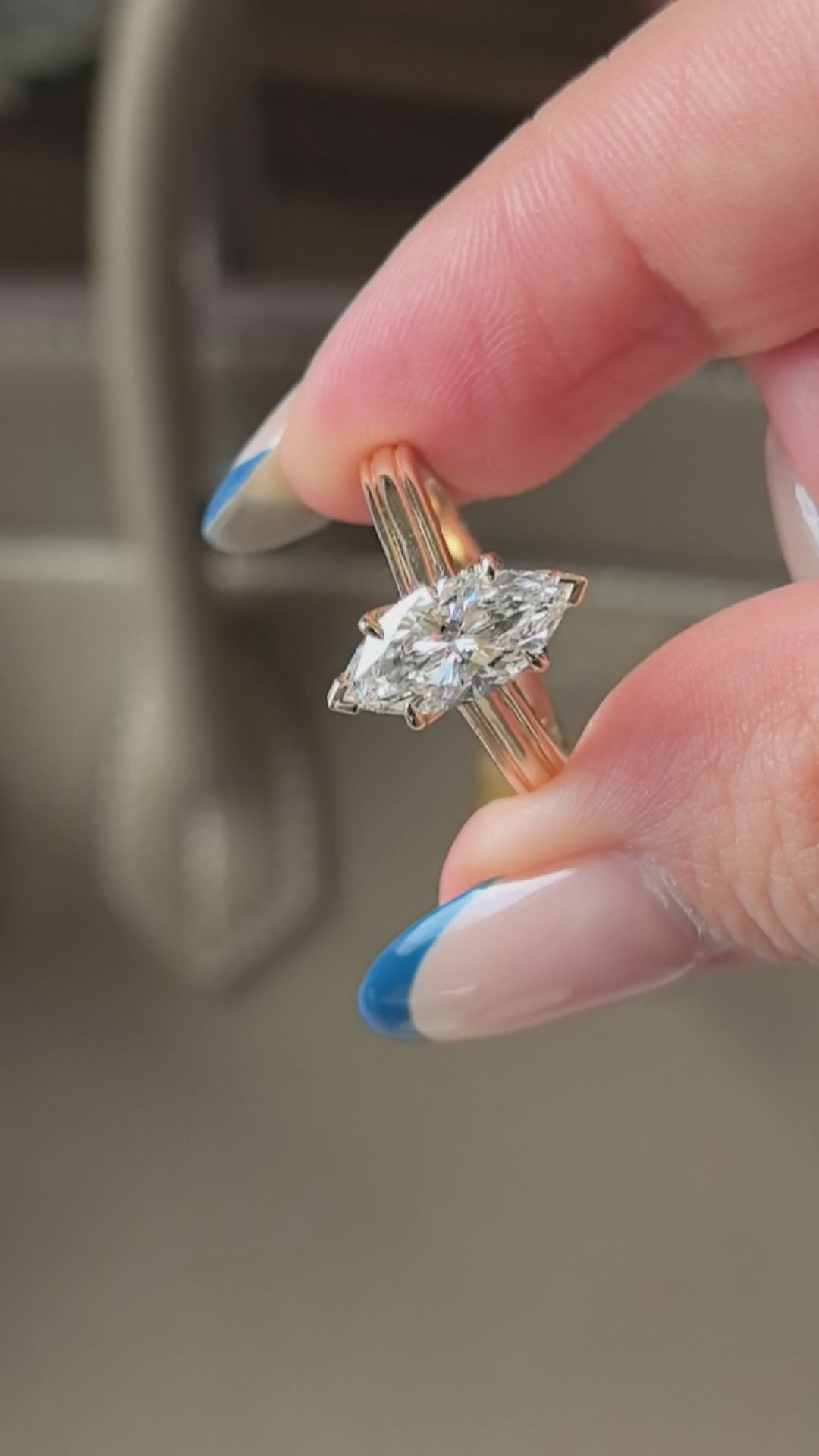 Product Title Marquise Cut Lab Diamond Ring | Floral Prong & Linear Band Design | 14K Gold