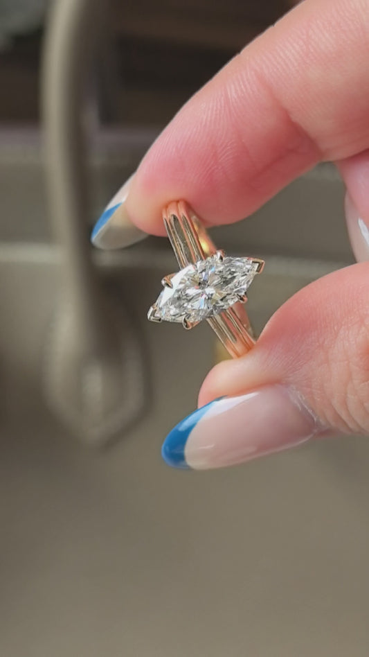 Product Title Marquise Cut Lab Diamond Ring | Floral Prong & Linear Band Design | 14K Gold