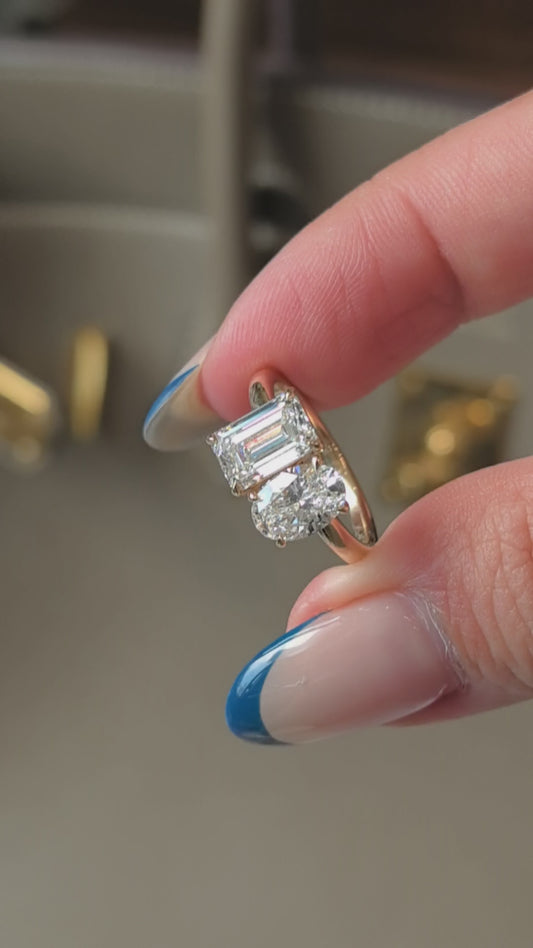 Oval & Emerald Cut Two-Stone Ring | Customizable Lab Gemstones | 14K Gold | Personalized Birthstone Design