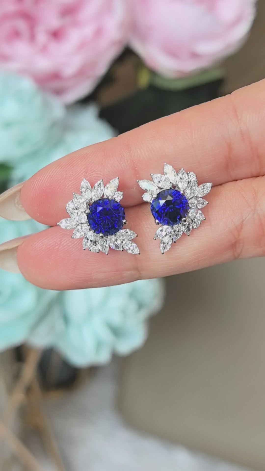 Round Sapphire Stud Earrings | Symmetrical Floral Design | Lab-Grown Luxury | 18K Gold