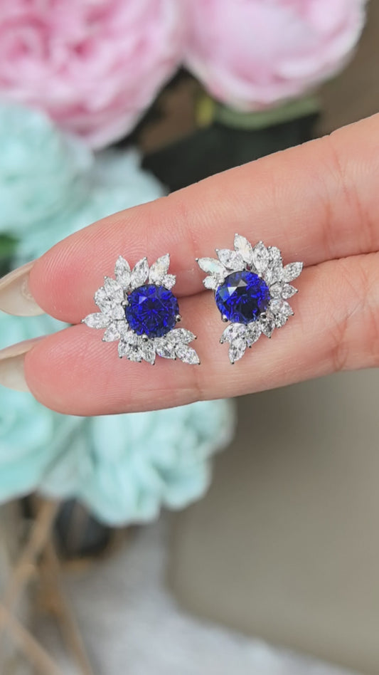 Round Sapphire Stud Earrings | Symmetrical Floral Design | Lab-Grown Luxury | 18K Gold