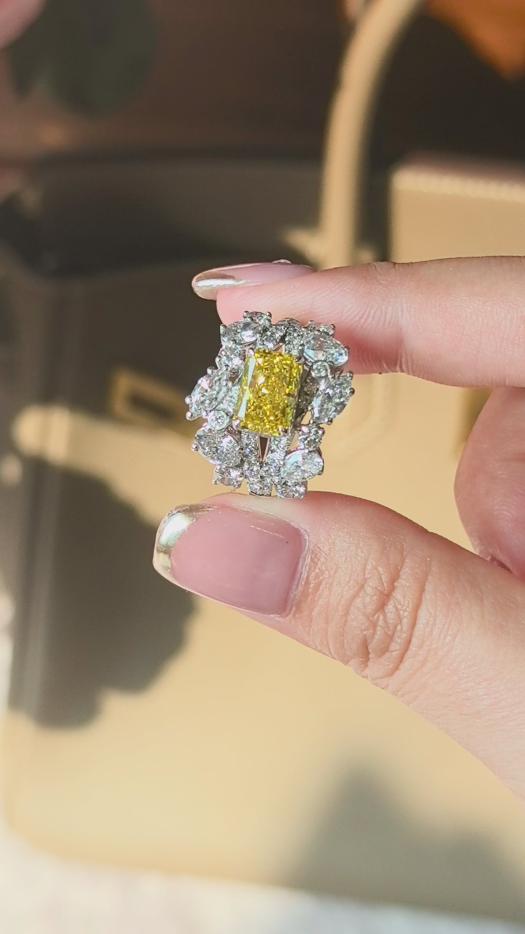 2 Carat Radiant 18K Gold | Vivid Yellow Lab-Created Diamond Ring | Vintage Half-Hoop Design | Surrounded by Side Stones of Various Shapes