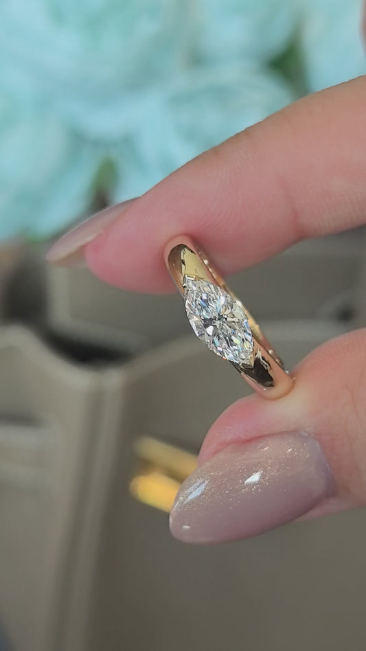 14K Gold Plain Band | Horizontal Marquise Diamond | Modern Solitaire | 0.5ct Lab-Grown