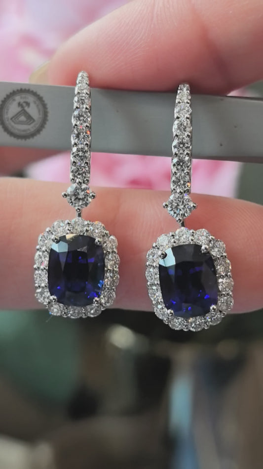 3ct 7g Cushion Sapphire Halo Drop Earrings