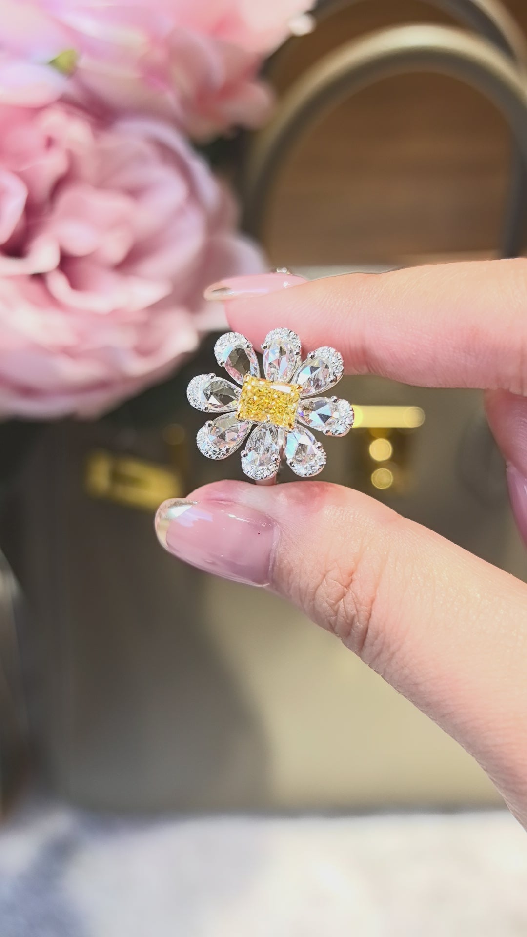 Vivid Yellow Radiant Diamond Sunburst Ring | 1 Carats | Eight Pear-Shaped Accents | 14K White Gold | Floral Halo Design