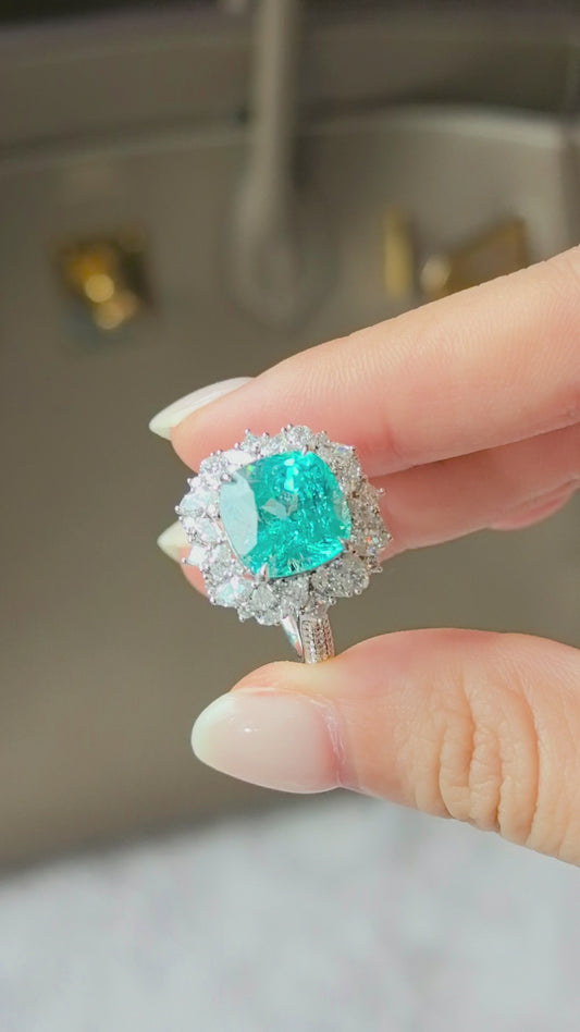 8.2ct 7.8g Cushion Cut Paraiba Ring | Mixed Diamond Halo (Round, Marquise & Pear)