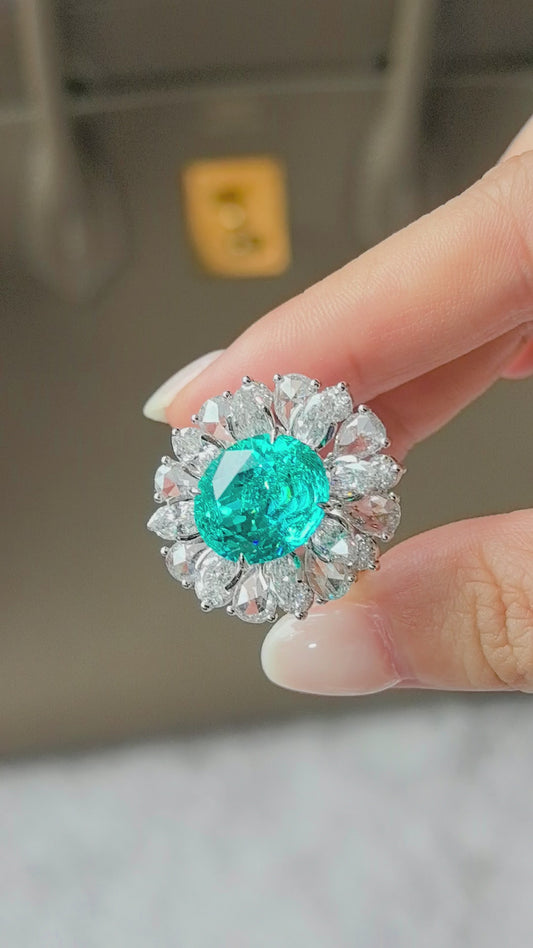 13ct 6.35ct 12g Oval Paraiba Tourmaline Ring | 3D Double Halo Lab Grown Diamonds