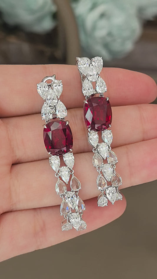6.4ct 12.8g Cushion Ruby & Pear Diamond Earrings | Lab-Grown | 18K Gold | Elegant Luxury