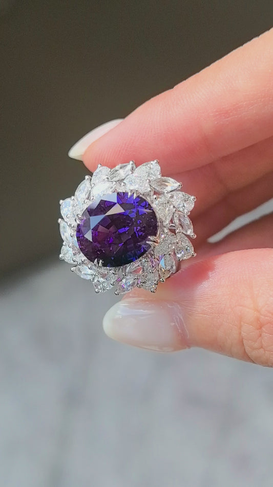 7.2ct 8.4g Pear Cut Pinkish Orange Sapphire Ring | Pear & Marquise Diamond Halo | Lab-Grown