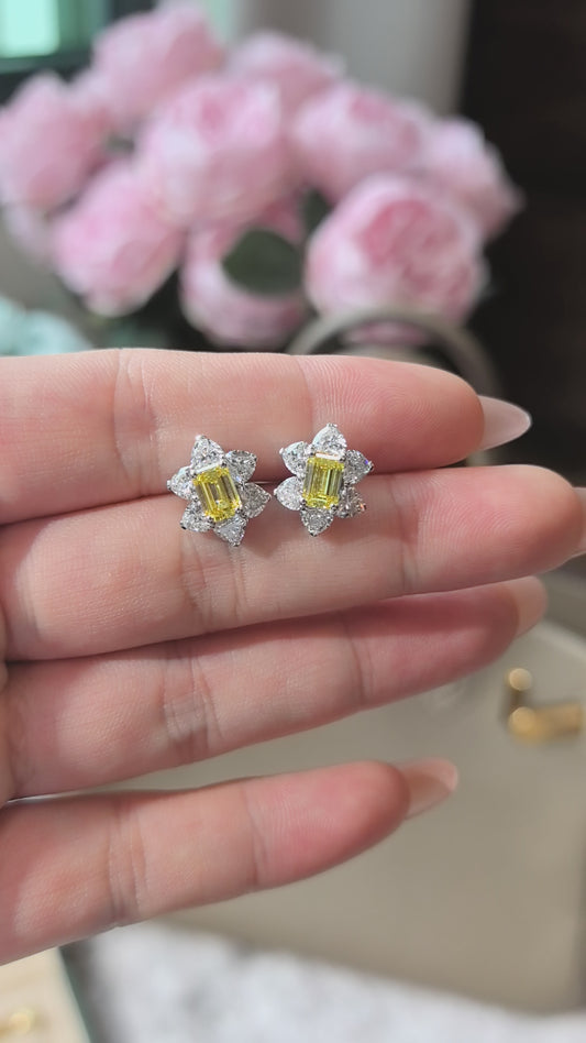 1.6ct Emerald Cut Vivid Yellow Lab Diamond Flower Earrings |2ct Heart-Shaped Diamond Halo