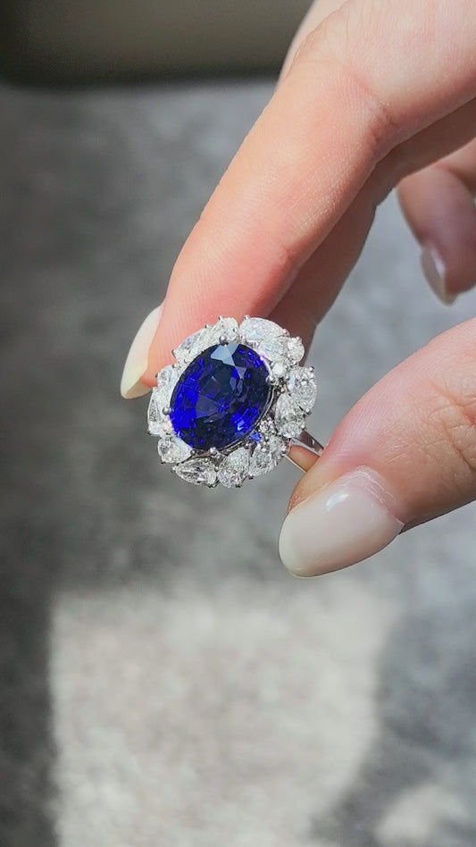 7.5ct 7.2g Oval Vivid Blue Sapphire Floral Ring | Diamond Halo | Half Pavé Band