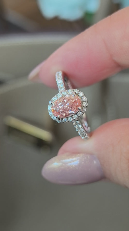 1ct 3.9g Oval Pink Lab Diamond Ring | Diamond Halo | Half Pavé Band