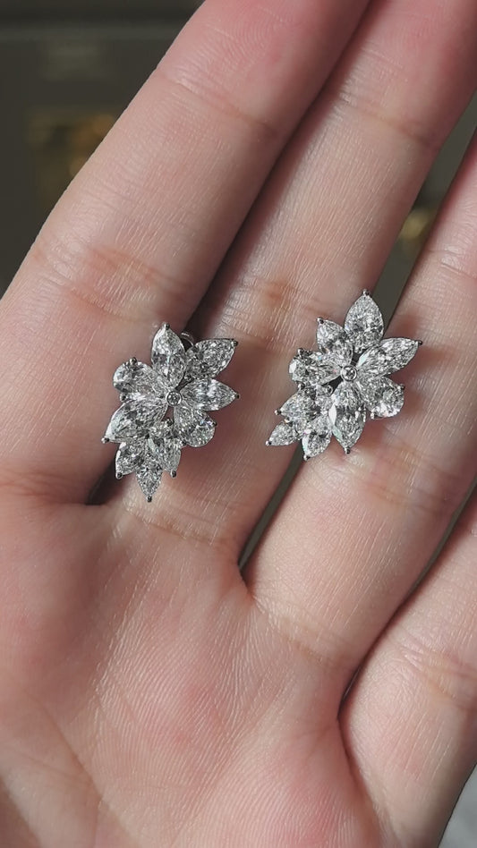 Leaf Marquise & Pear Diamond Earrings | Mini Round Diamond Accent | Elegant Botanical Design