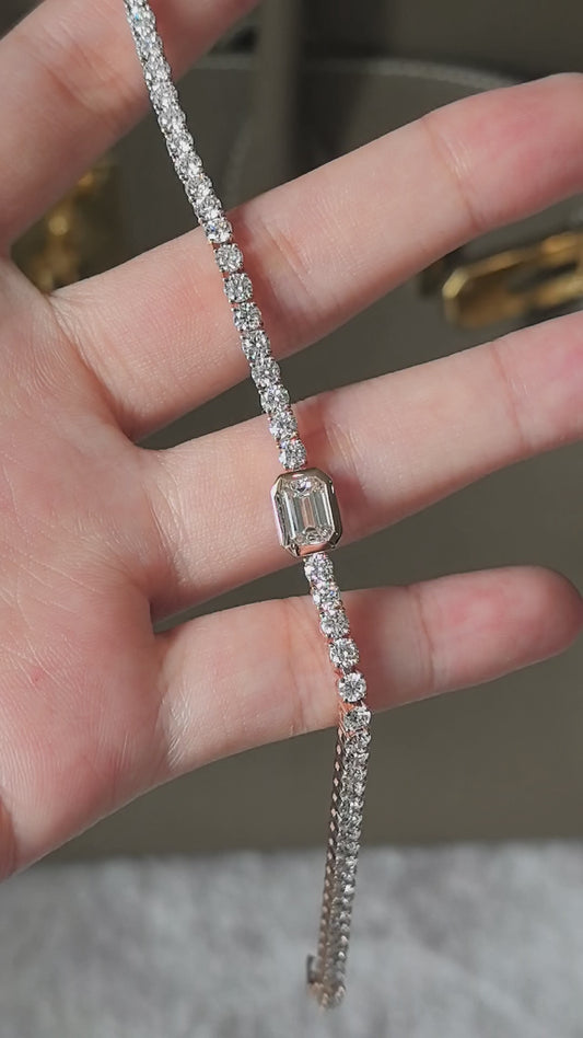 Emerald Cut Lab Diamond Bracelet | 1ct Center with Pavé Surround | 14K Gold | Timeless Elegance