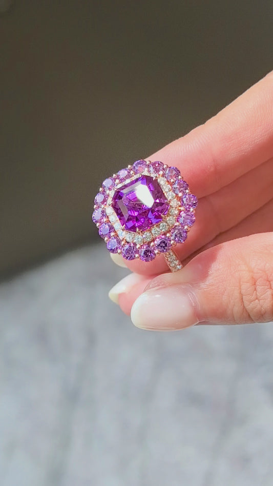 7ct 9.5g Cushion Cut Pinkish Purple Sapphire Ring | Double Diamond Halo | Half Pav