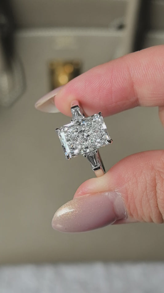 Radiant Cut Trilogy Ring | Baguette Sidestones | Geometric Brilliance | Lab-Grown Diamonds
