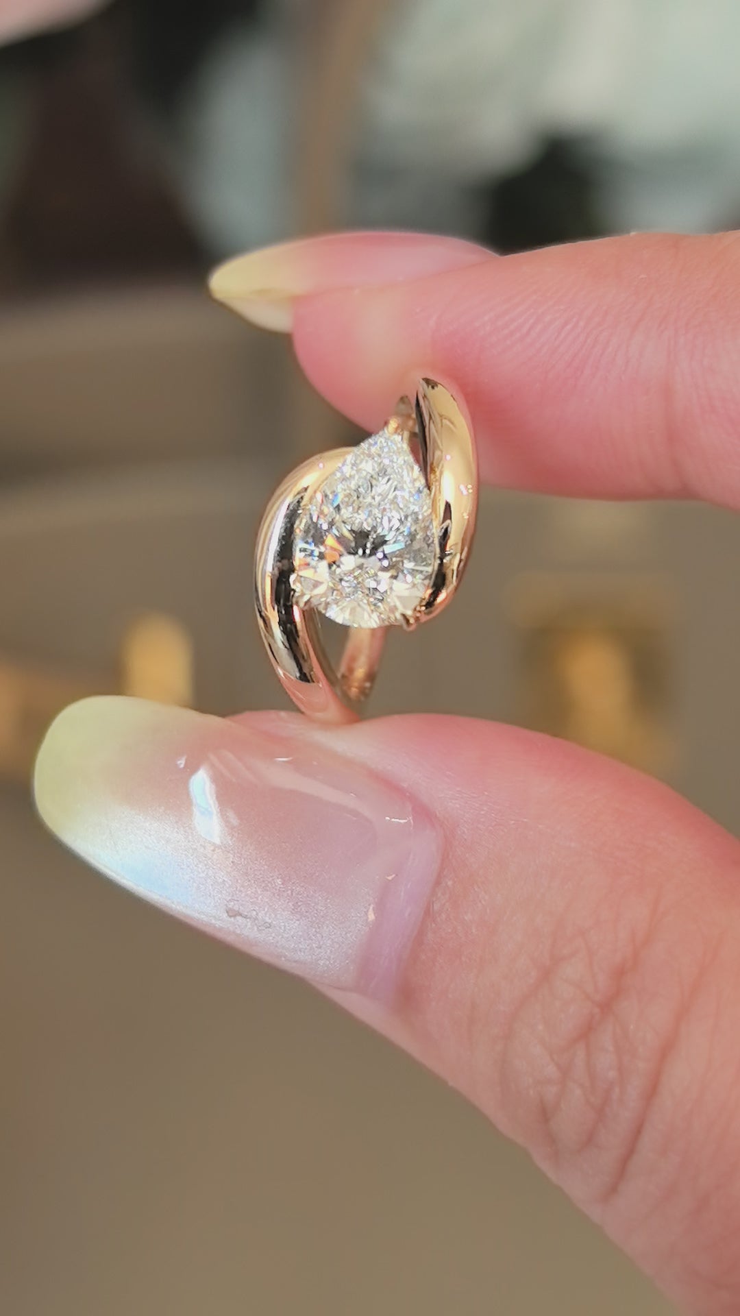 Lab-Grown Pear-Cut Diamond Pinky Ring with Surrounding Design | Twisted Band | 14K Gold | Artistic Statement