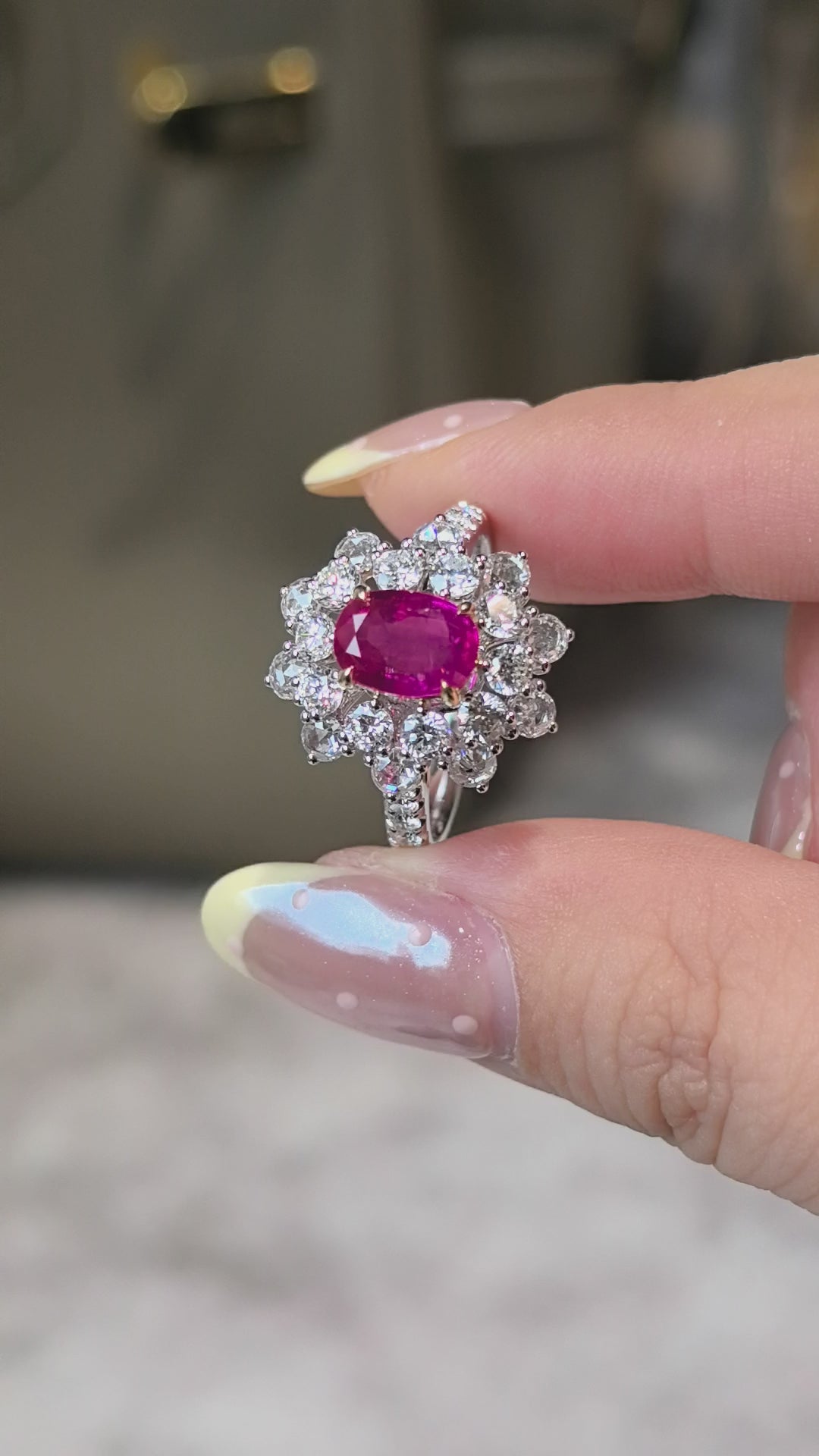 GR-008 |Pigeon Blood Ruby Ring | Nature Ruby | Round Diamond Accents | Round Shank | Dual Layer Mixed-Cut Diamond Halo