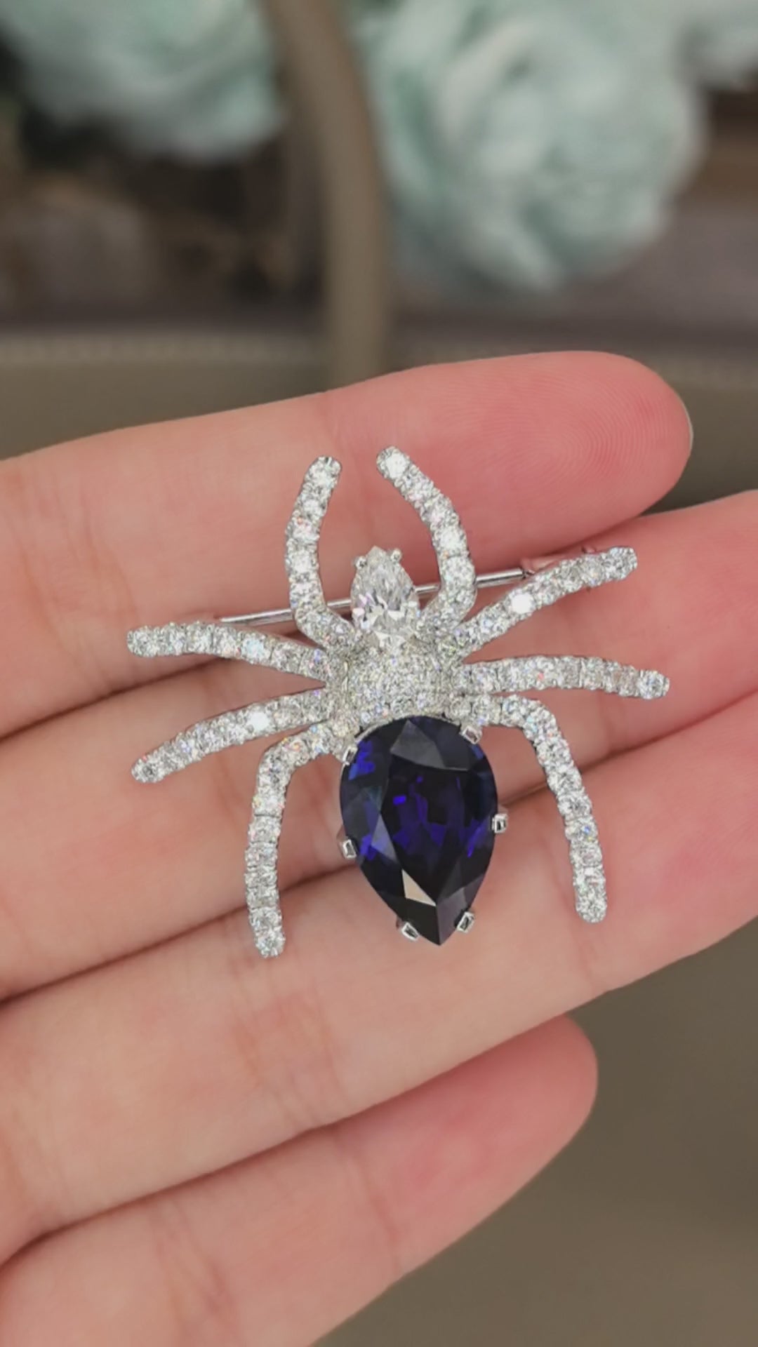 7.4ct 8.7g Pear Sapphire Spider Brooch | Round Diamond Accents | Lab-Grown Gemstones