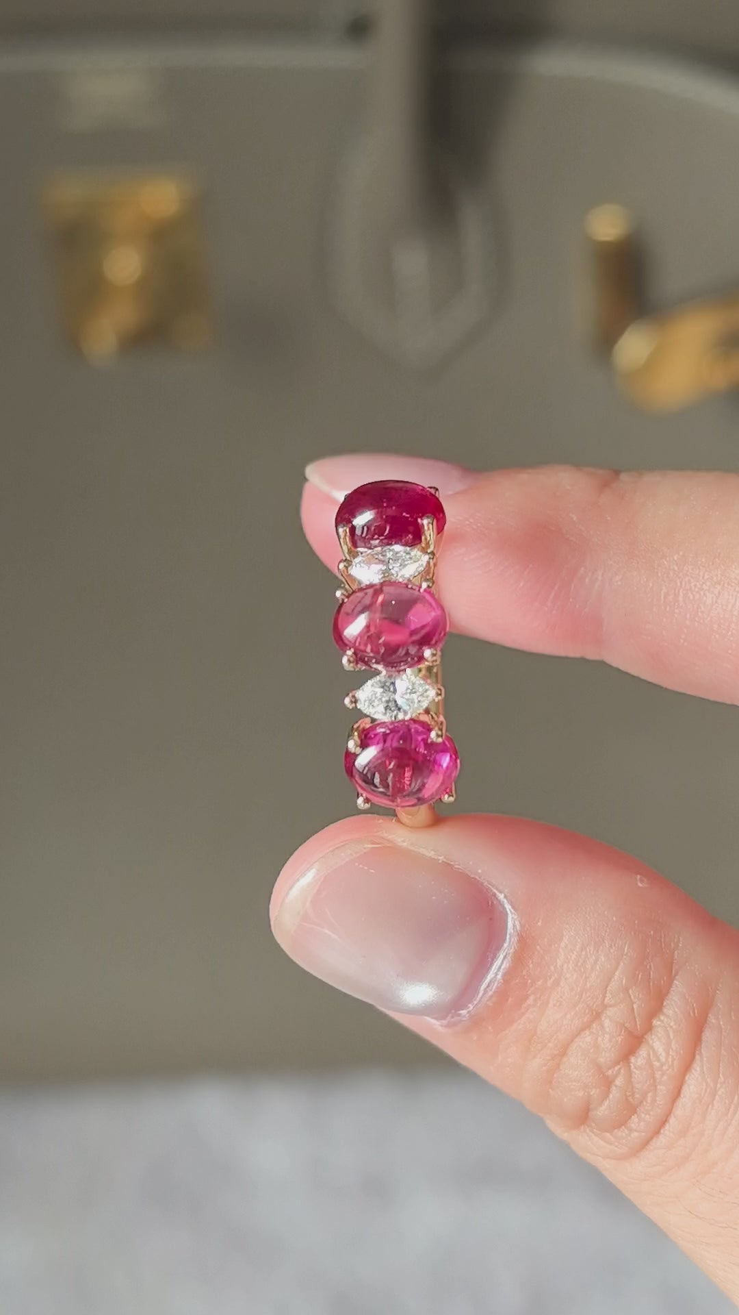 3.9ct 4.45g Cabochon Ruby & Marquise Lab Diamond Ring | Unique Three-Stone Design | 14K Gold