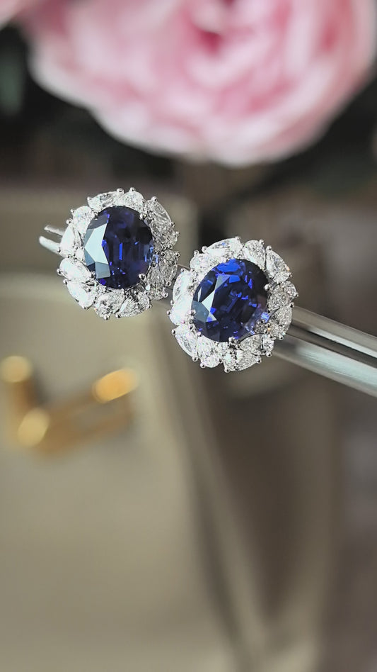 Oval Sapphire Stud Earrings | Symmetrical Floral Design | Lab-Grown Luxury
