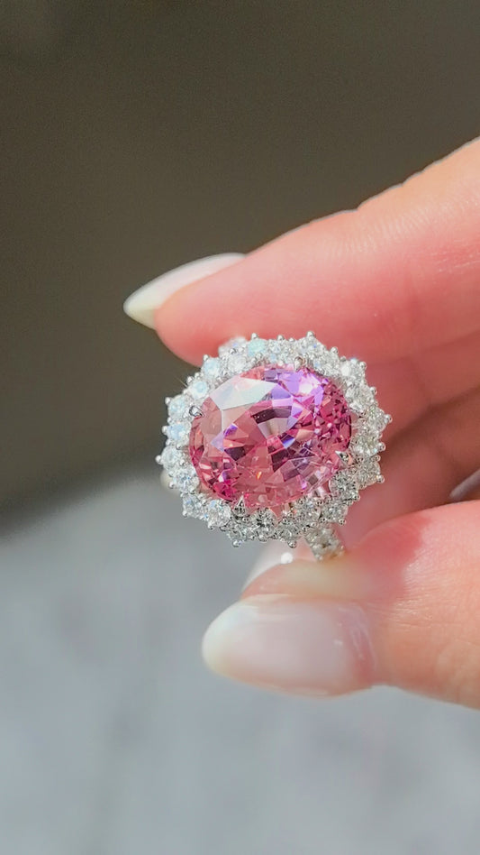 7.2ct 7.3g Sunrise Oval Padparadscha Sapphire Ring | Double Diamond Halo