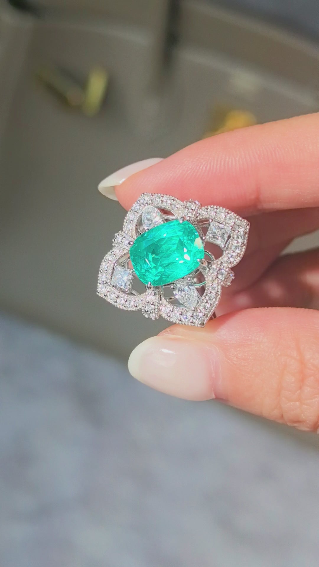 5.2ct  8.9g Cushion Cut Paraiba Lab Diamond Ring | Clover Shield Design