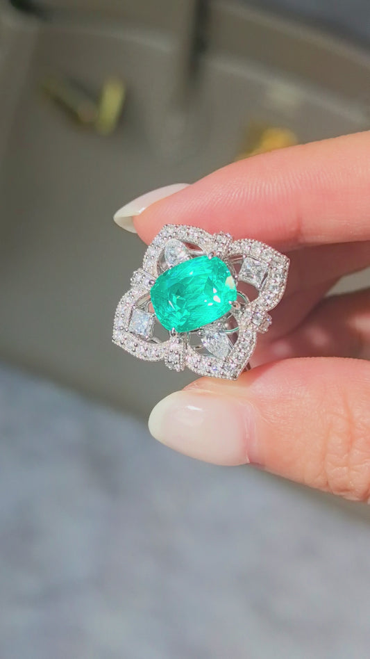5.2ct  8.9g Cushion Cut Paraiba Lab Diamond Ring | Clover Shield Design
