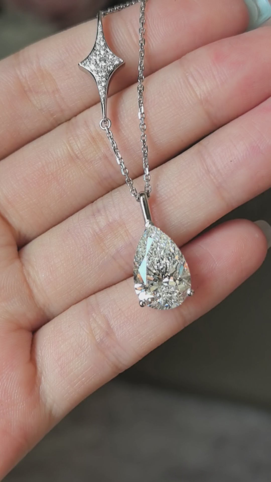 5ct Pear Diamond Pendant Necklace Lab Diamond Necklace with Star Accents, 18K Gold