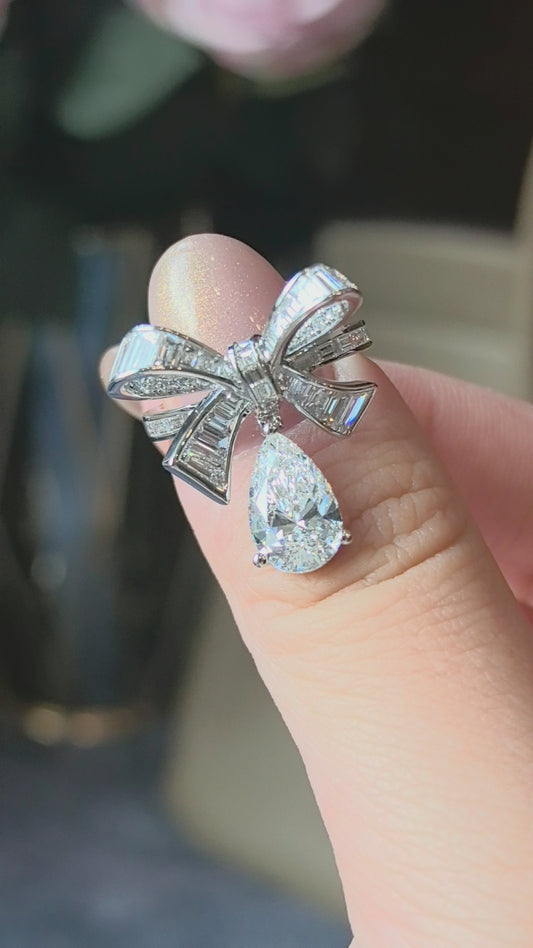 Pear Cut Bow-tie Ring with Pear Dangle | Lab Grown Diamond Statement Ring