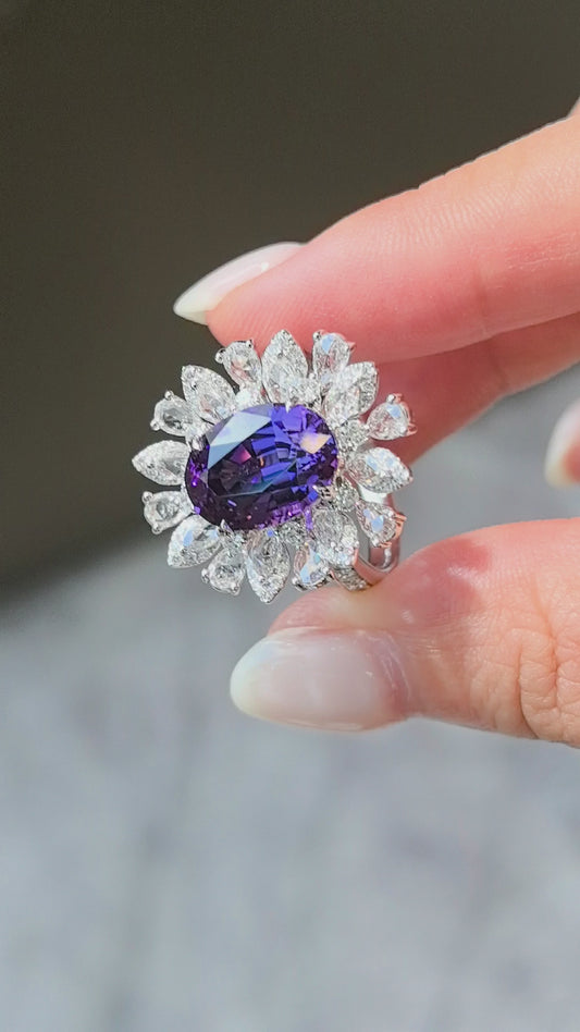 5.3ct 7.9g Pear Cut Pinkish Orange Sapphire Ring | Pear & Marquise Diamond Halo | Lab-Grown