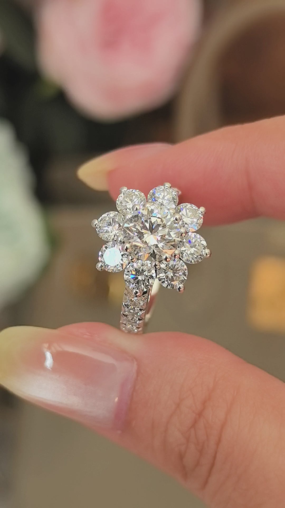 RO-013|Round Lab-Grown Diamond Platinum Ring|Flower Halo Setting|1/3 Eternity Pave Setting