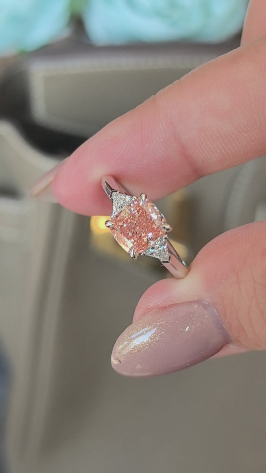 1.8ct 3.9g Cushion Pink Lab Diamond Three-Stone Ring | Triangle Side Stones | Plain Band