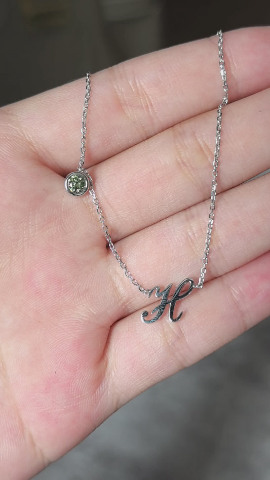 'H' Initial Pendant Necklace with Green Diamond | 14K Gold Minimalist Letter Jewelry
