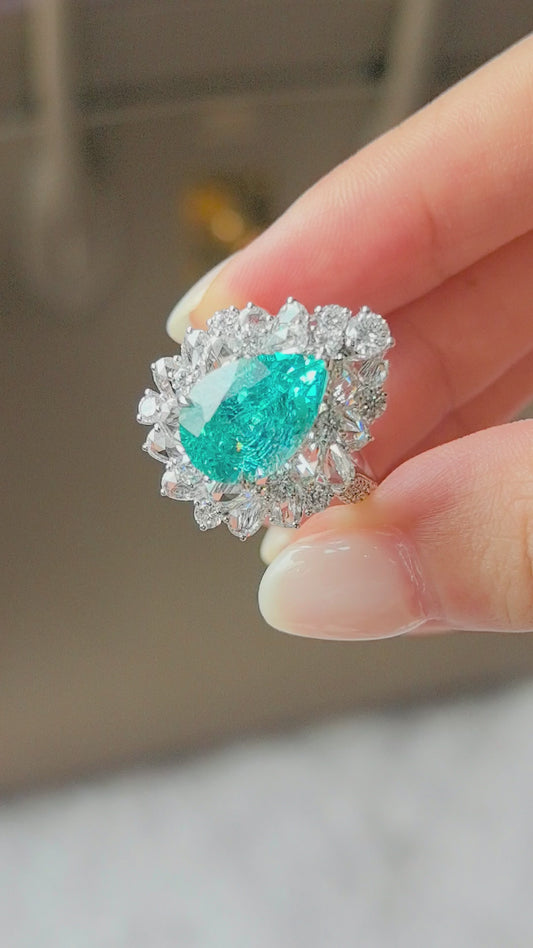 7.5ct 9.2g Pear Cut Paraiba Ring | Double Halo (Pear & Round Diamonds) | Half Pavé Band