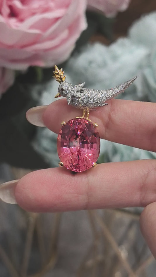 27.5ct 18.8g Padparadscha Sapphire Brooch | Lab-Grown Diamond Bird Motif | Heirloom Luxury | Unique Jewelry