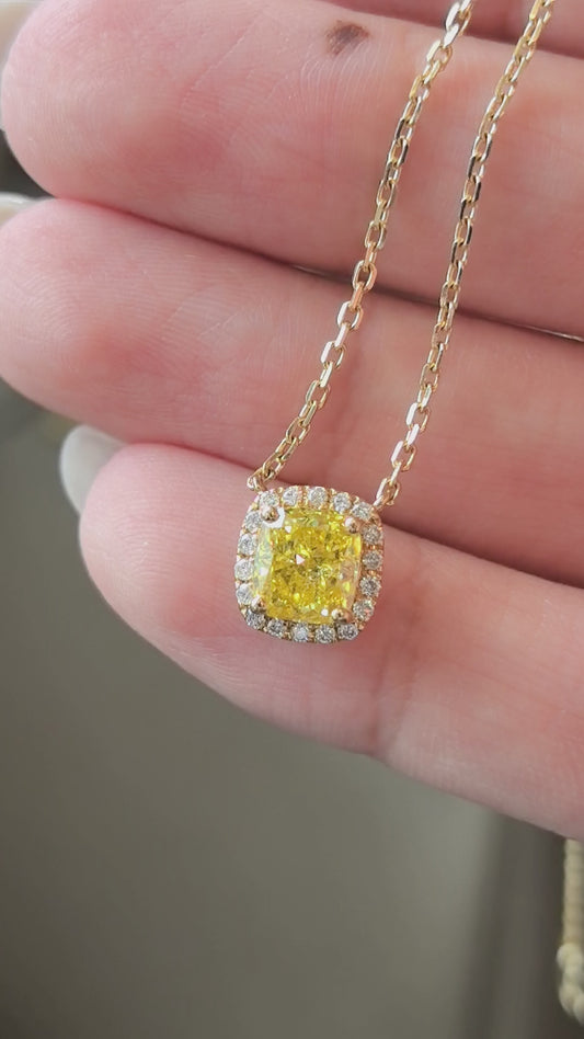 1.3ct 3.9g Cushion Cut Yellow Lab Diamond Halo Pendant | 18K Gold Necklace | Ethical Luxury