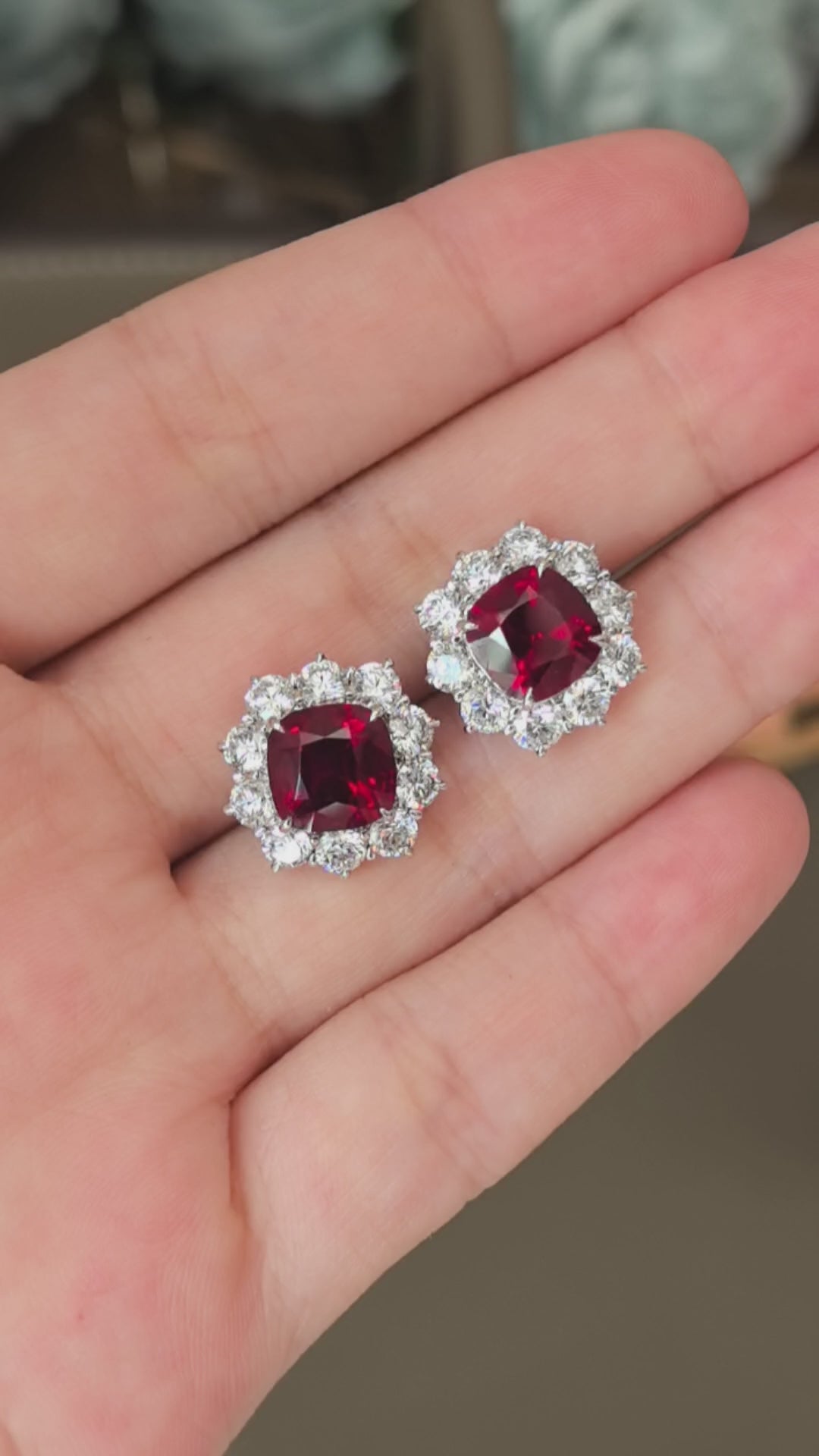 3.4ct 5.7g Cushion Ruby & Diamond Stud Earrings | Round Lab Diamond Halo | 18K Gold | Luxurious Elegance