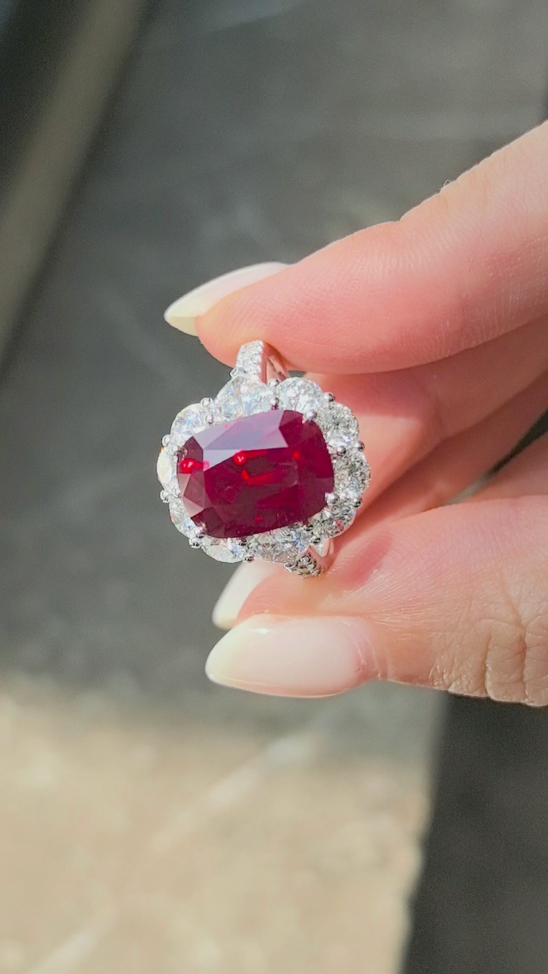 6.7ct 2.7g Cushion Cut Pigeon Blood Red Lab Gemstone Ring | Heart & Round Diamond Halo