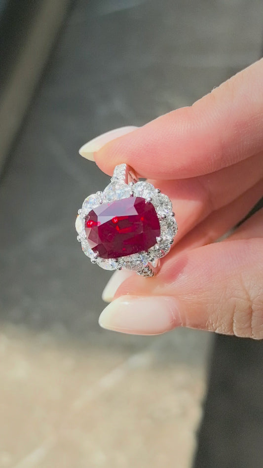6.7ct 2.7g Cushion Cut Pigeon Blood Red Lab Gemstone Ring | Heart & Round Diamond Halo