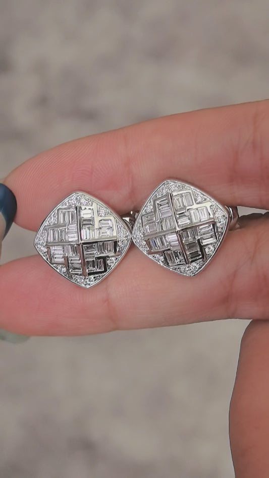 1.9ct 8.5g Square Diamond Stud Earrings | Emerald & Round Cut Lab Diamonds | 14K Gold | Full Pavé Design