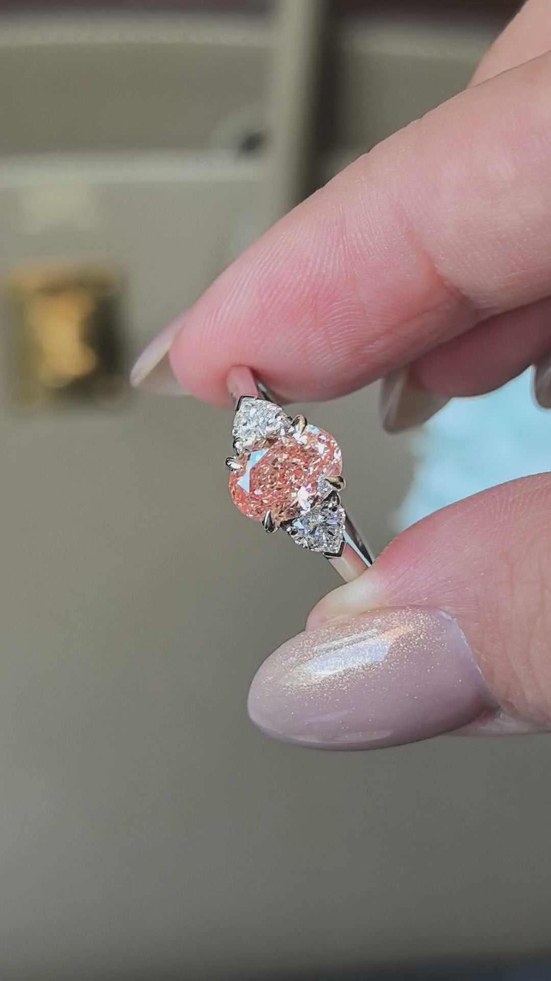 1.4ct 3.7g Pink Oval Cut Lab Diamond Three-Stone Ring | White Heart Side Stones | Plain Ban
