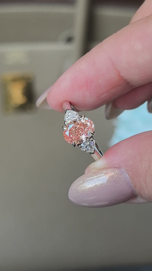 1.4ct 3.7g Pink Oval Cut Lab Diamond Three-Stone Ring | White Heart Side Stones | Plain Ban