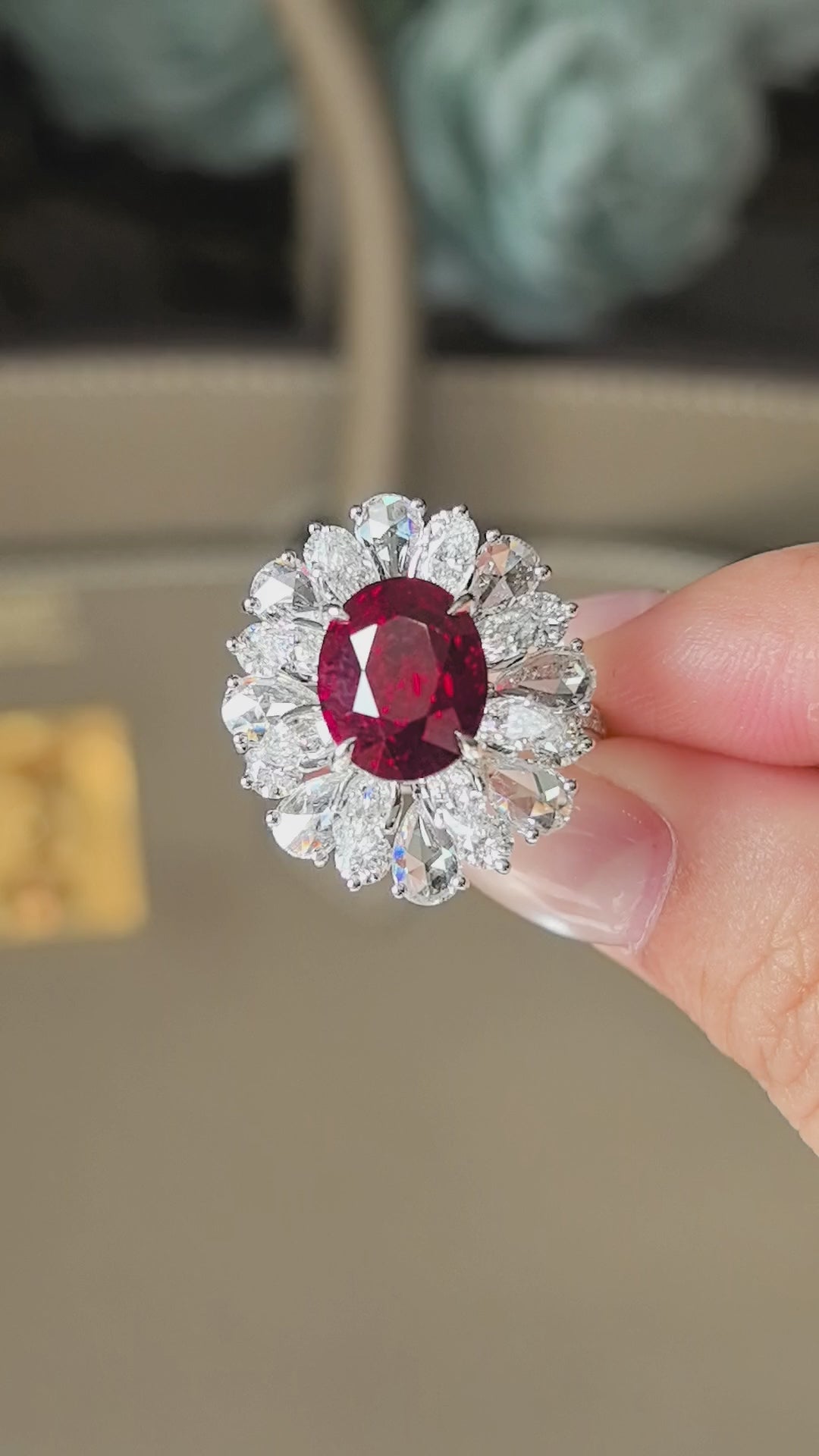 4.5ct 7.4g Oval Ruby & Double Diamond Halo Ring | Floral-Inspired Design | 14K Gold | Blooming Elegance